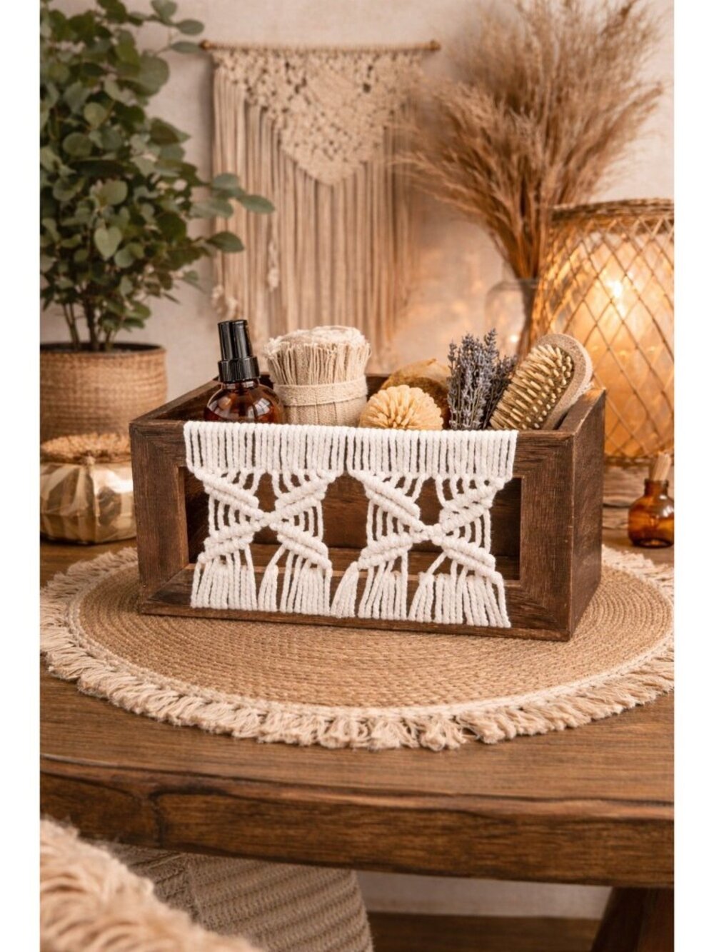 New Boho Macrame Storage Basket Organize Gift Bags Decorative Wood